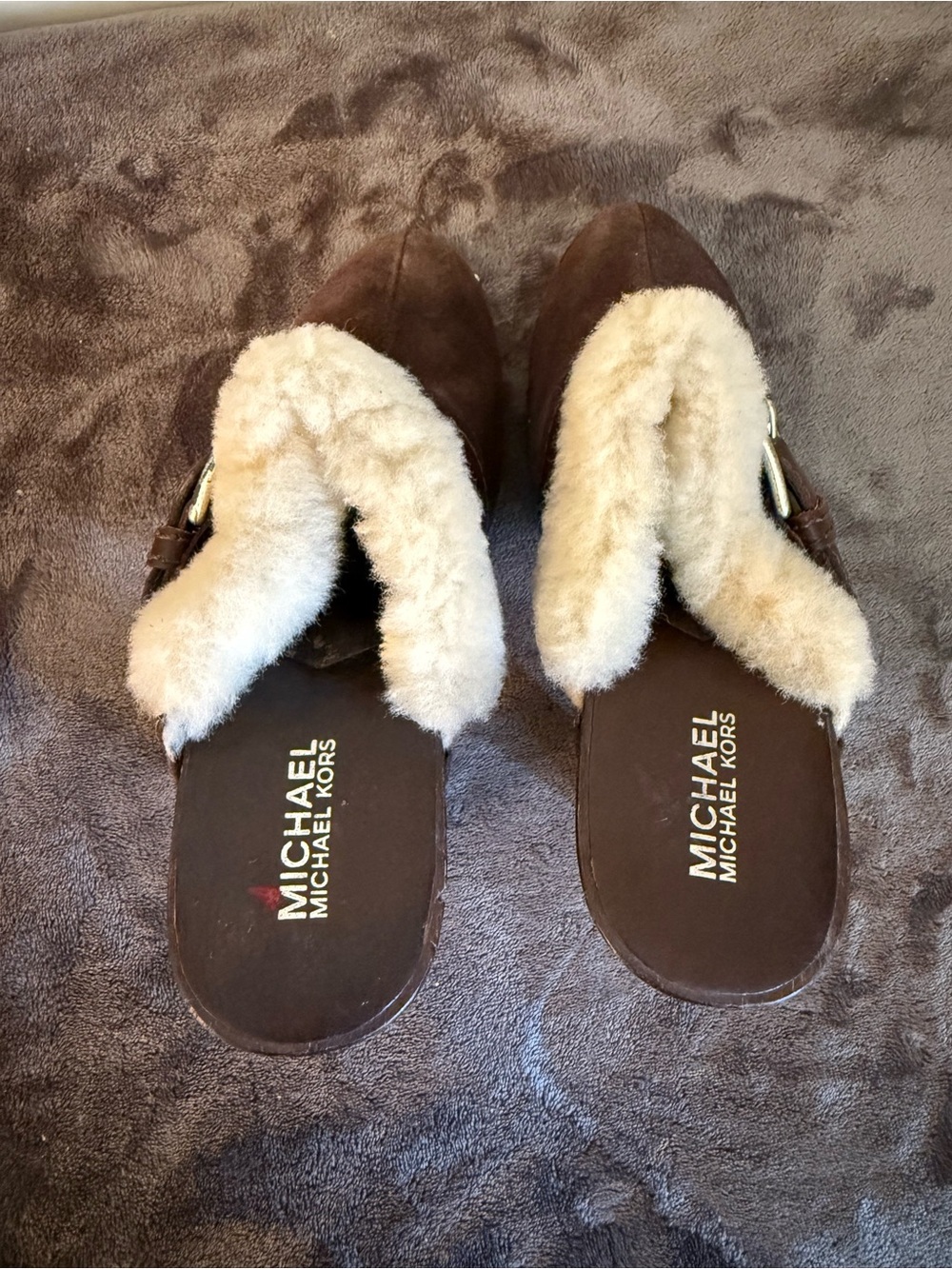 Michael Kors Brown Suede Shearling-Trim Buckle Clog - Picture 4 of 13